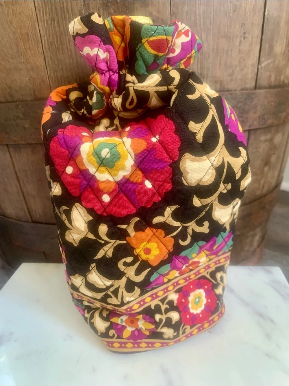 Vera Bradley Boho Black Floral Drawstring Cheers to You Quilted Bottle Bag